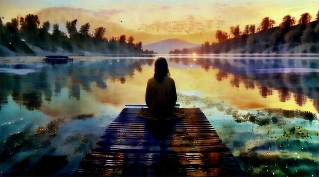 An ethereal image capturing the moment of a woman meditating at sunrise, with the warm glow of the sun illuminating the misty lakeshore.