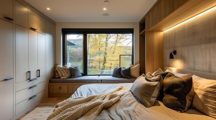 Fototapeta na wymiar Modern style large bedroom incorporating a built-in window seat with storage beneath and a cozy throw blanket