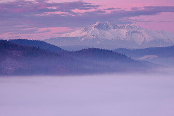 Landscape in the morning. There is fog in the valley. View of the Tatra Mountains from the Pieniny...
