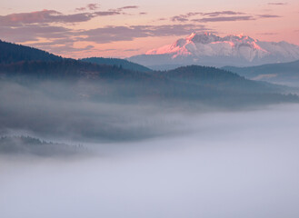 Landscape in the morning. There is fog in the valley. View of the Tatra Mountains from the Pieniny...