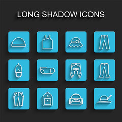 Set line Pants, Backpack, Beanie hat, Sport bag, Oktoberfest, socks, and Camouflage cargo pants icon. Vector
