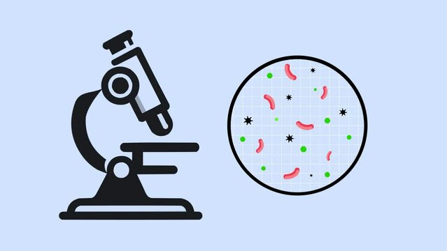 Microbiology lab battles disease: Bacteria, tissues, and blood analyzed under a microscope for antibiotic development.