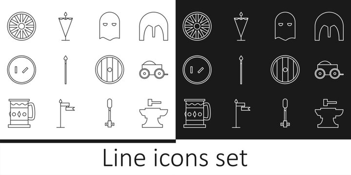Set line Anvil for blacksmithing hammer, Wooden four-wheel cart, Executioner mask, Medieval spear, Round wooden shield, Old, and flag icon. Vector
