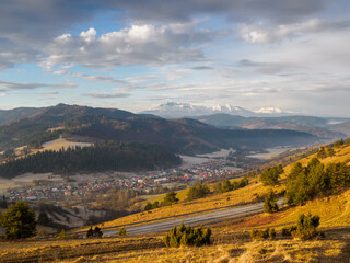 Mountain Landscape in the morning. View of the Tatra Mountains from the Pieniny Mountain Range....