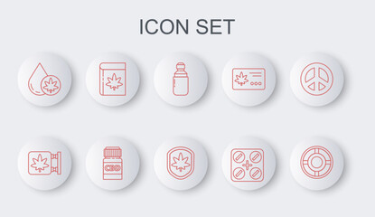 Set line Ashtray, Marijuana and cannabis store, olive oil, Medical pills with marijuana, Book, bottle and Shield leaf icon. Vector