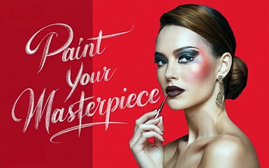 "Paint Your Masterpiece" – A striking model applies high-end makeup, embodying the art of beauty and self-expression.