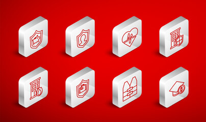 Set line Graduation cap and coin, Life insurance with shield, Health, House, jacket, Piggy bank, Travel suitcase and Fire burning house icon. Vector
