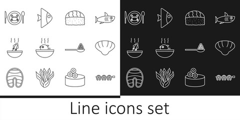Set line Grilled fish steak, Scallop sea shell, Sushi, Puffer soup, Soup with octopus, Served crab on plate, Caviar spoon and Fish icon. Vector