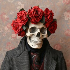 Man in suit with skull and red rose wreath on head, symbolizing life and death, Halloween theme