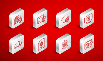 Set line Wallet with shield, Delivery security, Graduation cap and coin, Location, Shield dollar, House, Contract and Worker safety helmet icon. Vector