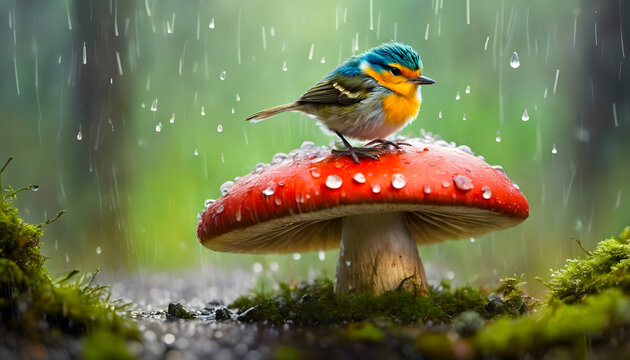 A small colorful bird sits in the rain in a fairytale forest with fly agarics and moss