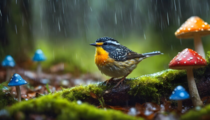 A small colorful bird sits in the rain in a fairytale forest with fly agarics and moss - obrazy, fototapety, plakaty