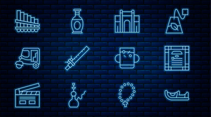 Set line Indian shoes, constitution day, Gate in Delhi, Bamboo flute indian, Taxi tuk tuk, Pan, Cup of tea and leaf and vase icon. Vector