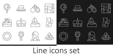 Set line Olives on plate, Sangria, Castanets, Crown of spain, Concert hall de Tenerife, Omelette frying pan, Yacht sailboat and Spanish hat icon. Vector