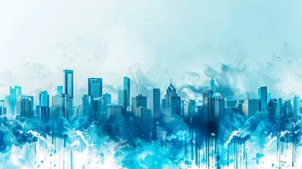 Peel and stick wall murals Watercolor painting skyscraper Abstract cityscape in blue watercolor