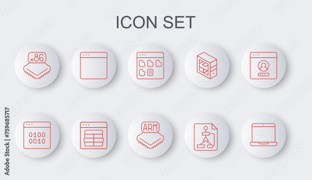 Poster set line laptop, binary code, browser files, flowchart, processor with microcircuits cpu, window, my