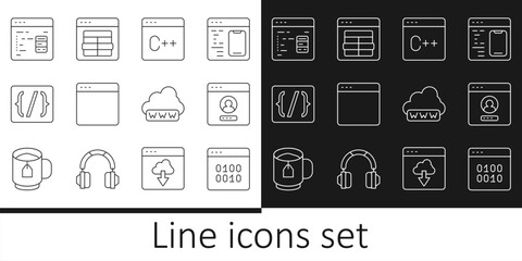 Set line Binary code, Create account screen, Software, Browser window, Programming language syntax, Web development and MySQL icon. Vector