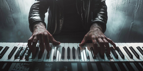 Hazy, backlit image of a musician's hands playing a keyboard, emphasizing the raw power of musical...