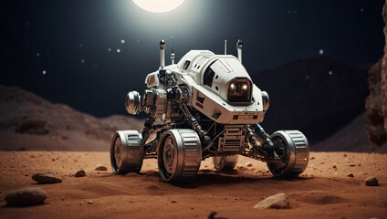 Kleiner androider Roboter erkundet die sandige Oberfläche eines fremden Planeten - obrazy, fototapety, plakaty