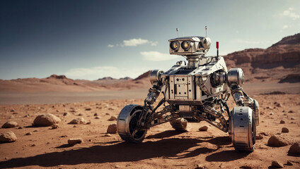 Kleiner androider Roboter erkundet die sandige Oberfläche eines fremden Planeten - obrazy, fototapety, plakaty