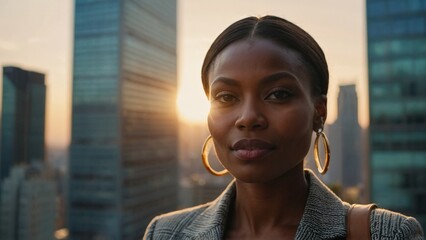 Happy wealthy rich successful black african american businesswoman standing in big city modern skyscraper street in sunset thinking of successful vision, dreaming of new investment opportunities - obrazy, fototapety, plakaty