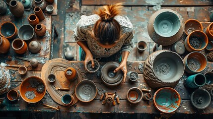 A young woman is seen working with clay on a wooden table to manufacture a bowl against hazy backdrop with a top view and space, Generative AI.