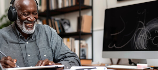 Elderly african american man freelancer with headphone, hands holding stylus pen and working on digital tablet pc at home. Portrait of senior man writing making notes on tablet computer