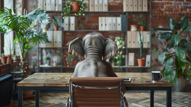 cute elephant portrait working in an office, business,  cards, banners, posters, wildlife		
