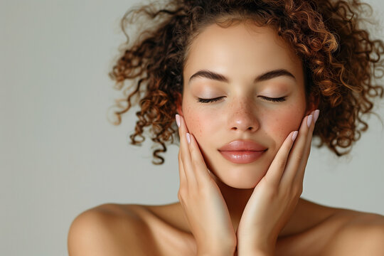 Elegant Close-Up Portrait of a Young Woman with Curly Hair Enjoying a Moment of Serenity, Beauty and Wellness