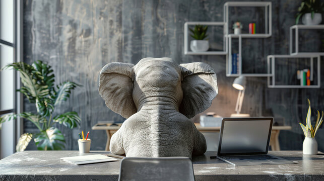 cute elephant portrait working in an office, business,  cards, banners, posters, wildlife		
