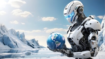 An AI robot from the future clutching a frozen Earth represents contemplation of the effects of the environment in the current digital era.