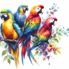 Watercolor colorful parrots,