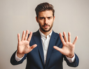 Businessman with both hands raised, palms facing outwards in a gesture suggesting a stop or pause.
