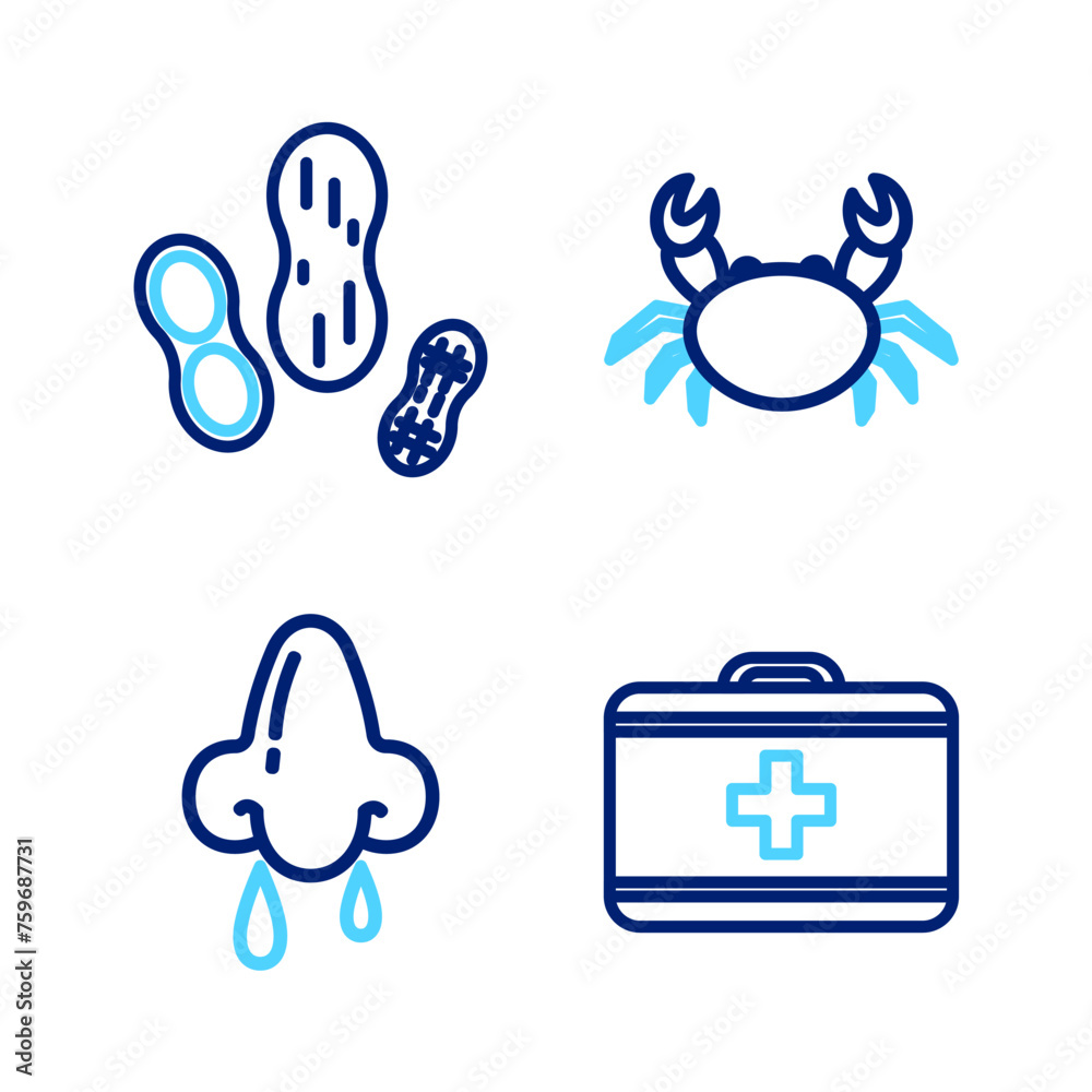 Wall mural set line first aid kit, runny nose, crab and peanut icon. vector