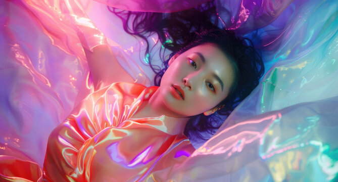 A beautiful woman floating in colourful silk surrounded in the style of neon lights