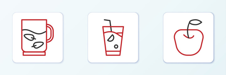 Set line Apple, Cup of tea and leaf and Fresh smoothie icon. Vector