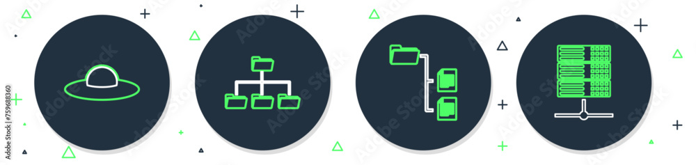 Poster set line folder tree, ufo flying spaceship and server, data, web hosting icon. vector
