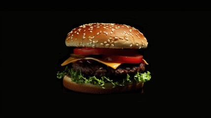 Tasty hamburger isolated on black background. In a sesame seed bun. Generative Ai