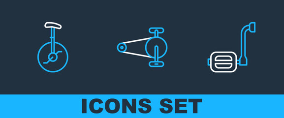Set line Bicycle pedal, Unicycle or one wheel bicycle and chain with gear icon. Vector © vector_v