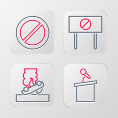 Set line Stage stand or tribune, Burning car, Protest and Ban icon. Vector