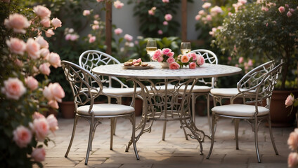 Romantisches Weinarrangement im Privatgarten mit blühenden Rosen – Entspannung pur - obrazy, fototapety, plakaty