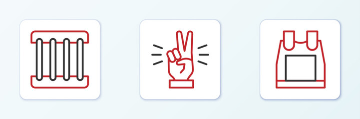 Set line Bulletproof vest, Prison window and Hand showing two finger icon. Vector
