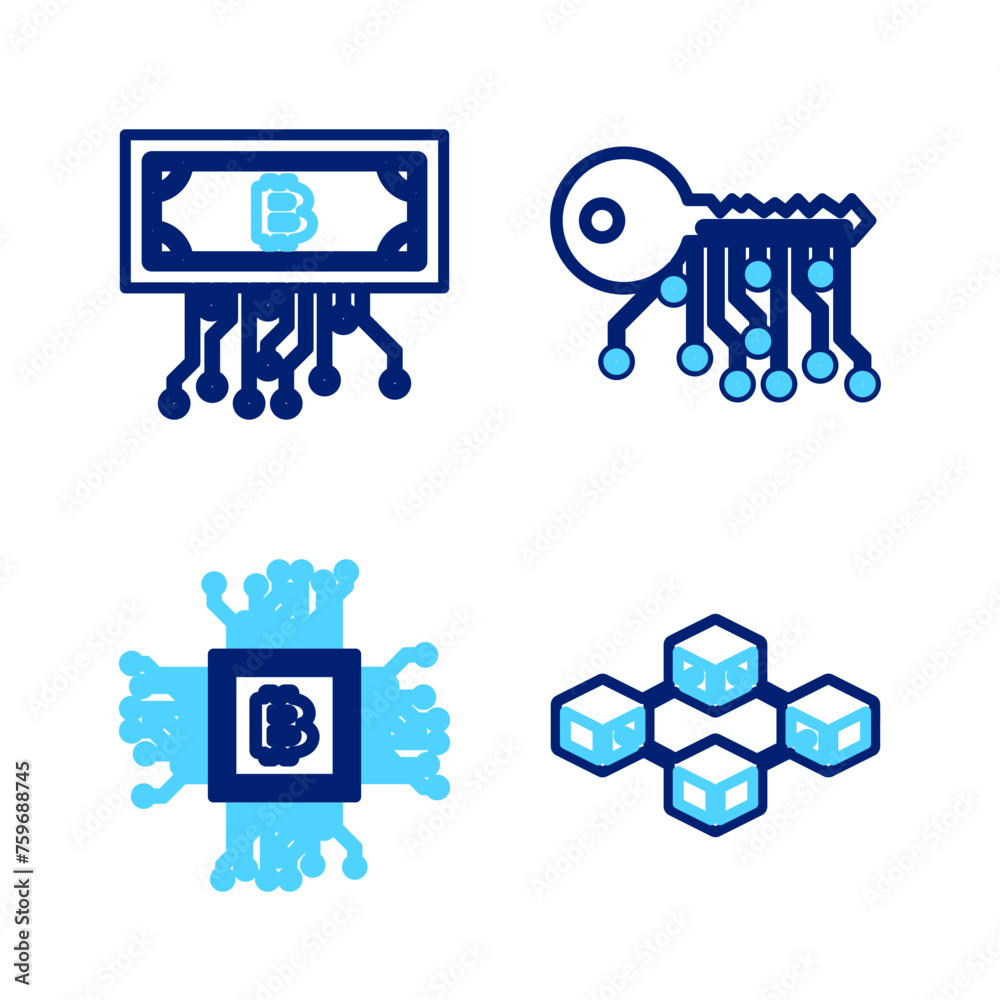 Poster set line blockchain technology, processor, cryptocurrency exchange and bitcoin with circuit icon. ve