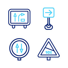 Set line Steep ascent and descent road, Road warning two way traffic, Traffic sign turn right and icon. Vector