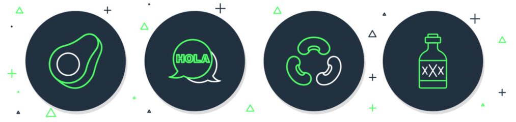 Set line Hola, Beans, Avocado fruit and Tequila bottle icon. Vector © vector_v