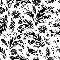 Seamless floral pattern, black and white background with stylized  flowers