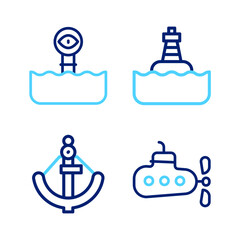 Set line Submarine, Anchor, Floating buoy and Periscope icon. Vector