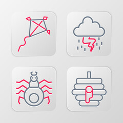 Set line Hive for bees, Spider, Storm and Kite icon. Vector