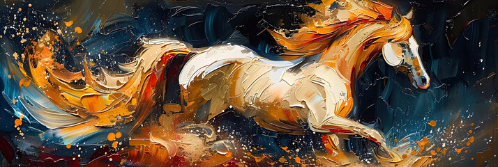 A painting of abstract oil. Art painting, gold, horse, canvas, wall art, modern artwork, paint spots, paint strokes, knife painting, large stroke painting, mural, wall art. - obrazy, fototapety, plakaty