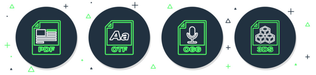 Set line OTF file document, OGG, PDF and 3DS icon. Vector